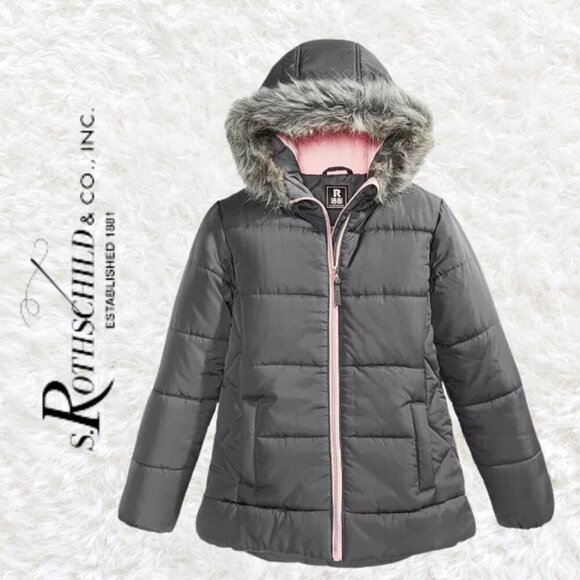 S RothsChild & Co Other - S Rothschild & Co Girls Size L Charcoal Quilt Puffer Coat Fur Trim Pink Lining